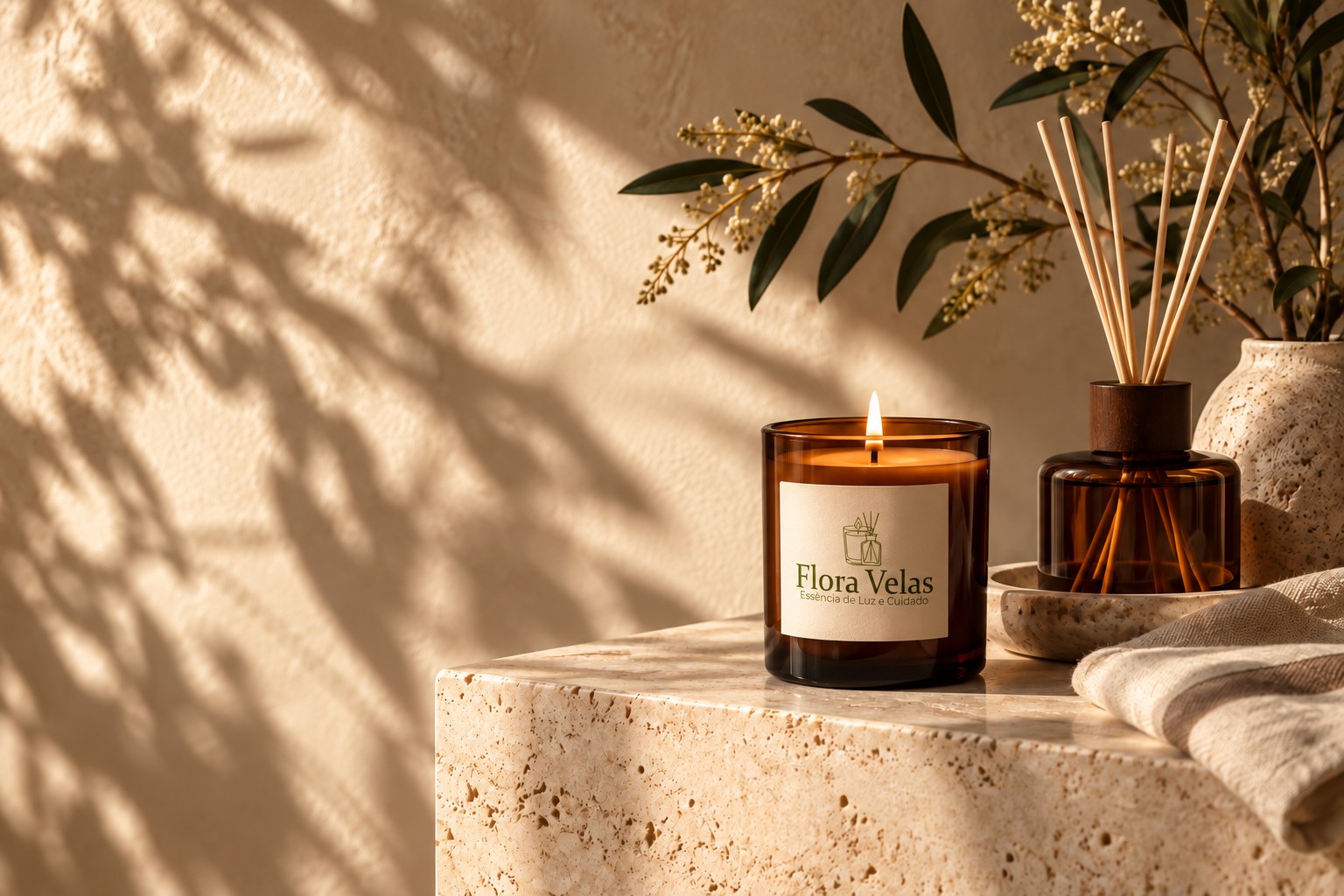 Ambientação conceitual Flora Velas com vela e difusor